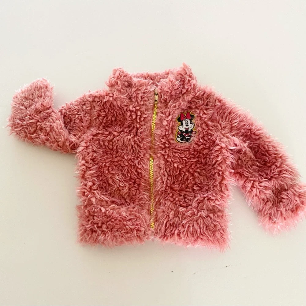 Disney Junior Minnie Mouse Jacket 12 Months Pink Fuzzy Sherpa Embroidered Patch